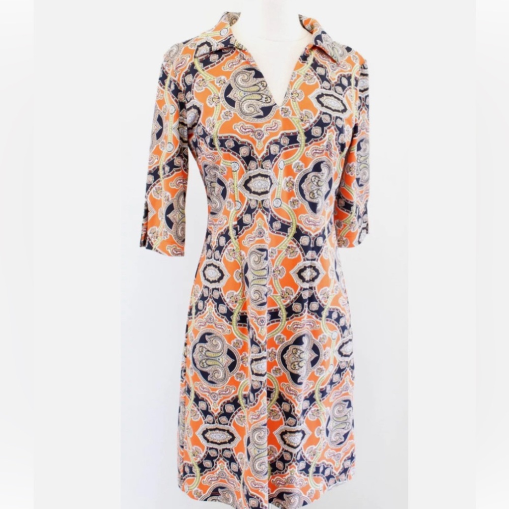 Jude Connally Jude Cloth Orange Paisley Medallion Print Collared Shift Dress S